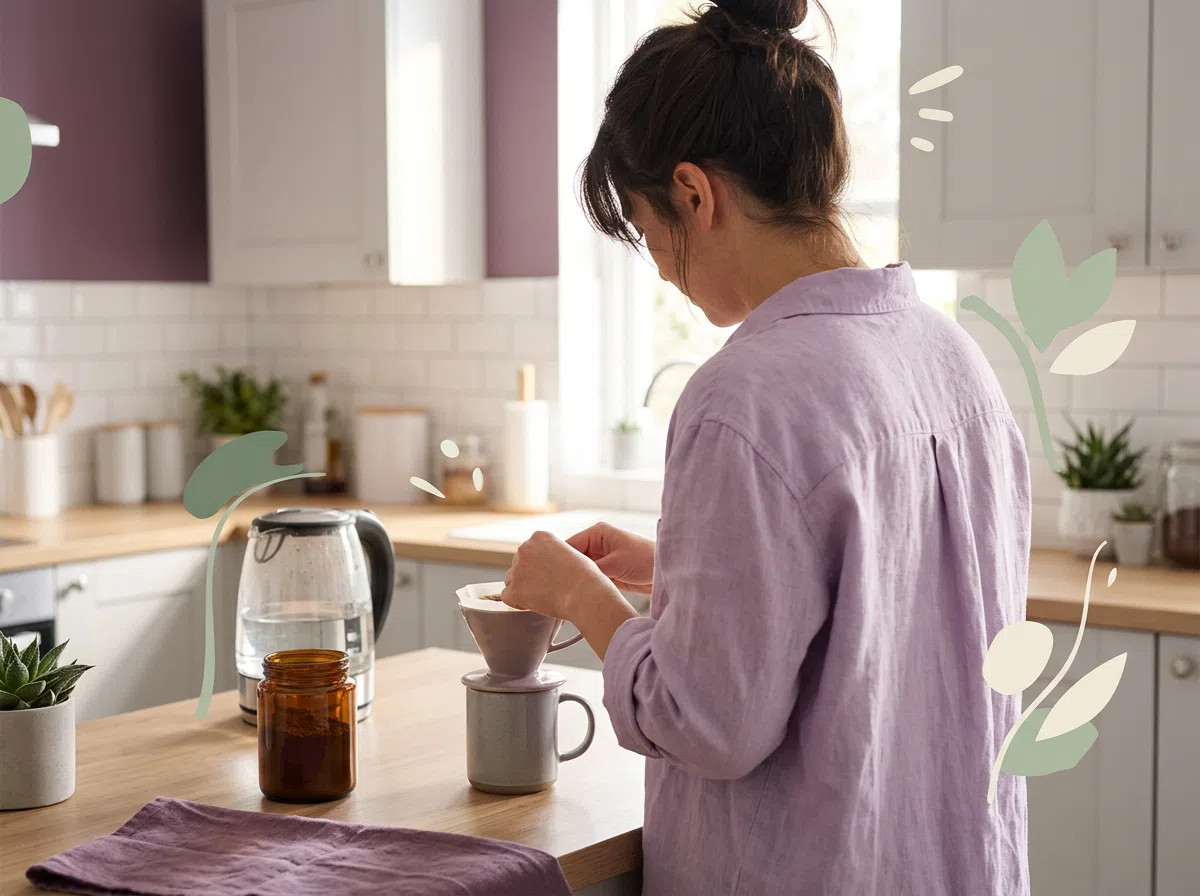 Person von hinten bereitet morgens Kaffee in einer hellen Küche zu